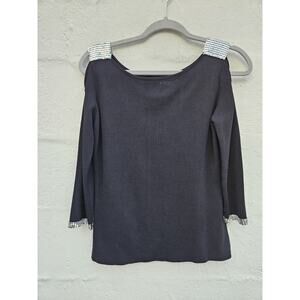Vintage Y2K 90s Top Medium Black Nylon Spandex Ribbed Flare Cold Shoulder Sequin